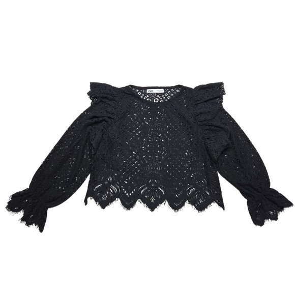 Zara Crop Top Women Medium Black Sheer Open Knit Bell Sleeve Whimsigoth Ruffle - Picture 1 of 12